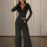 Women's Solid Color Fall&Winter Pants Set - Sexy V-Neck Button-Up Fitted Long Sleeve T-Shirt & High-Waist Flared Wide-Leg Stretchy Pants - kinko